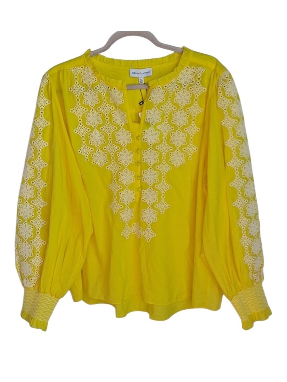 Gibson Latimer Yellow Embroidered Long Sleeve Top M 100% Cotton